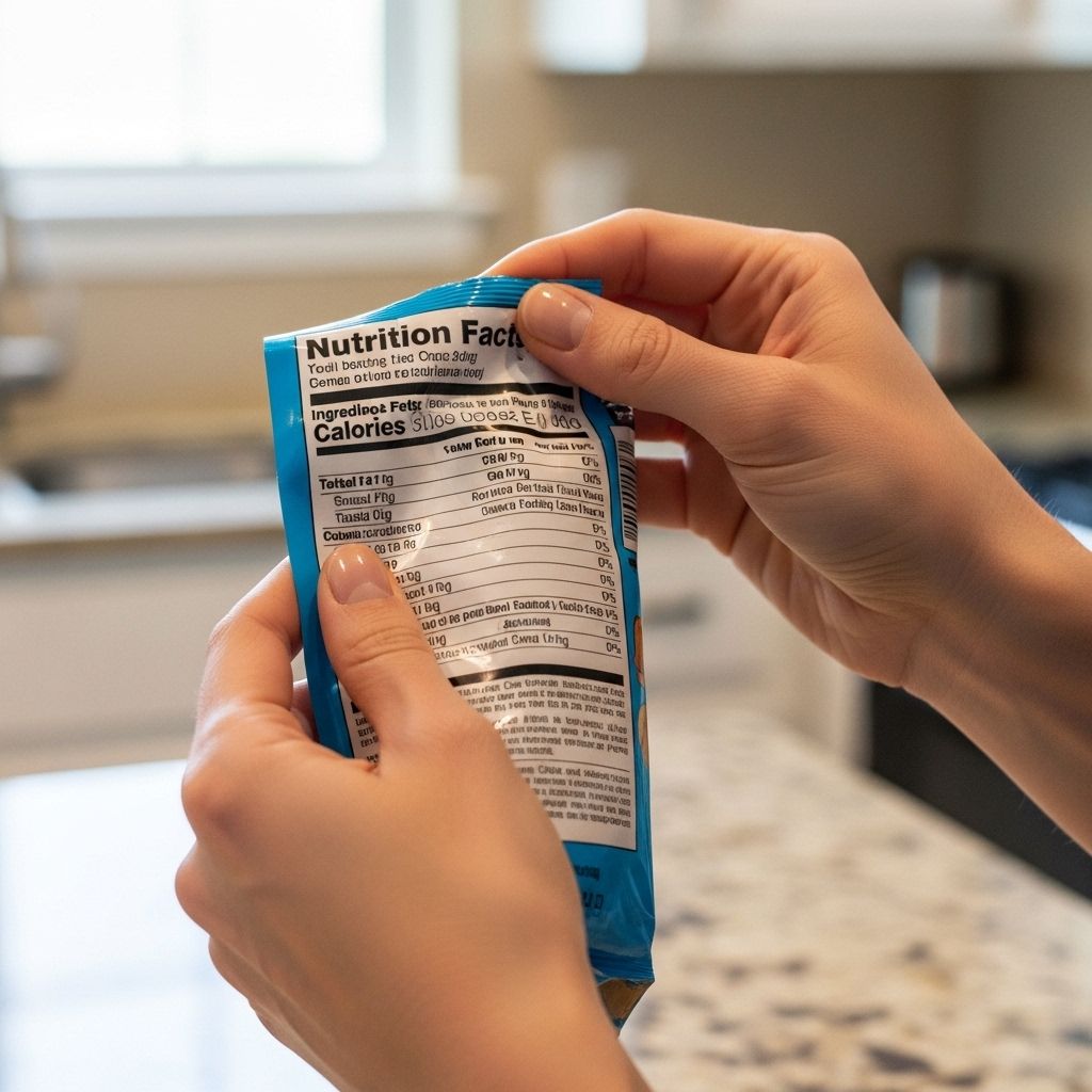 Närbild på en persons händer som håller i ett livsmedelsförpackning och studerar näringsdeklararationsregistret i ett välbelyst kök
