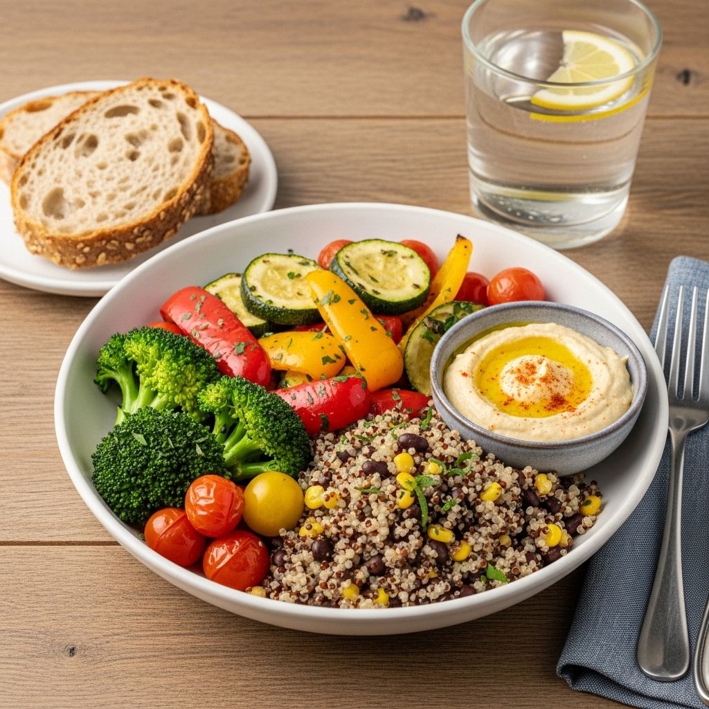 Färgglad och välbalanserad måltid med grönsaker, fullkorn, bönor och friska ingredienser presenterad på ett träbord i naturligt dagsljus