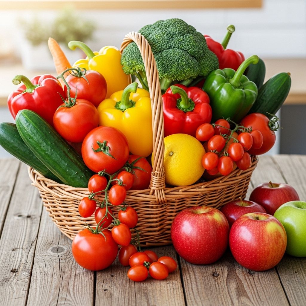Stor och färgglad uppställning av färska grönsaker och frukter i en korg på ett lantligt träbord, inkluderande tomater, paprika, gurka, broccoli och äpplen